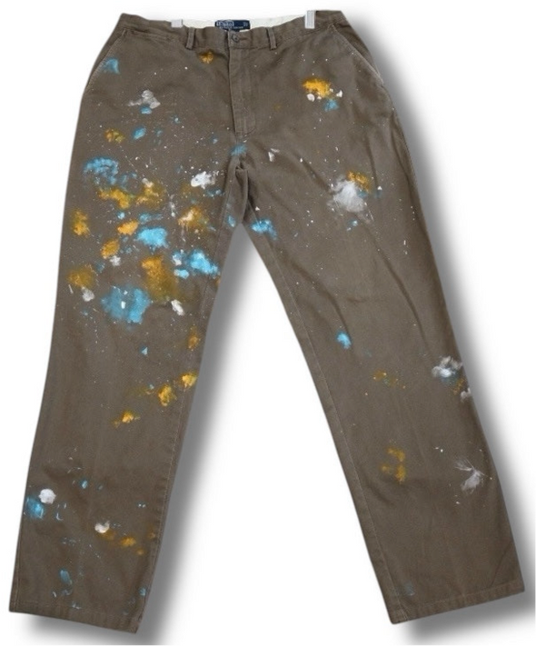 VINTAGE POLO RALPH LAUREN 36X32 PAINT SPLATTER DISTRESSED BROWN CHINOS