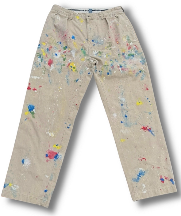 VINTAGE POLO RALPH LAUREN 35X31 PAINT SPLATTER DISTRESSED TAN CHINOS