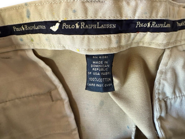 VINTAGE POLO RALPH LAUREN 35X31 PAINT SPLATTER DISTRESSED TAN CHINOS