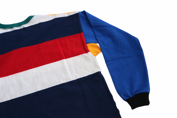 First & 44 "What the" Rugby Crew Neck Shirt, White Gold Striped w/Red/White/Blue Back (Size Large)