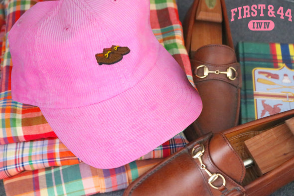 “Post Sneaker World” Horse Bit Loafer Dad Cap in Pink Corduroy