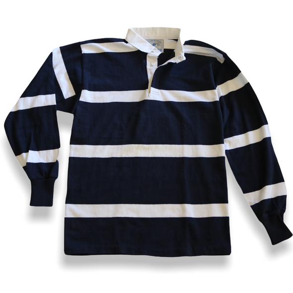 VINTAGE LANDS END MENS LARGE STRIPED RUGBY SHIRT WHITE NAVY BLUE MADE IN USA
