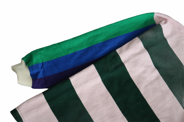 First & 44 "What the" Rugby Crew Neck Shirt, Pink Green Striped w/Royal Blue Sleeve (Size Medium)
