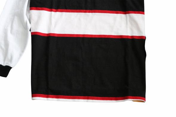 First & 44 "What the" Rugby Shirt, Red Black White Stripe w/Green/Gold Back (Size XL)