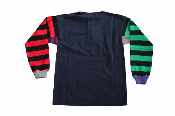 First & 44 "What the" Rugby Shirt, Red White Navy Blue w/Red Green Striped Sleeves (Size Small)