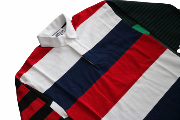 First & 44 "What the" Rugby Shirt, Red White Navy Blue w/Red Black Striped Sleeve (Size Small)