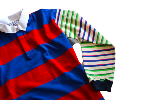First & 44 "What the" Rugby Shirt, Royal/Red Striped w/Green/White Sleeve (Size Medium)
