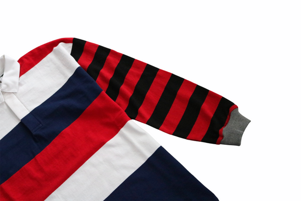 First & 44 "What the" Rugby Shirt, Red White Navy Blue w/Red Green Striped Sleeves (Size Small)