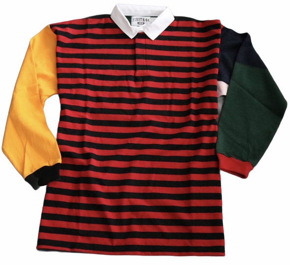 First & 44 "What the" Rugby Shirt, Red Black Striped w/Gold Sleeve (Size XXL)