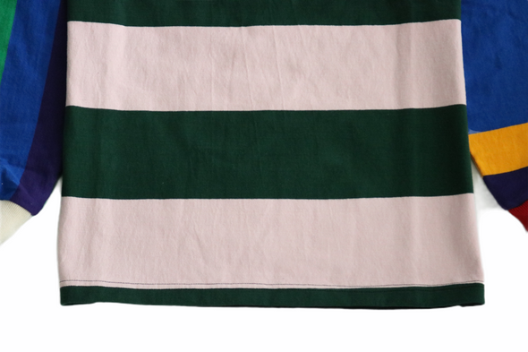 First & 44 "What the" Rugby Crew Neck Shirt, Pink Green Striped w/Royal Blue Sleeve (Size Medium)