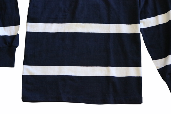 VINTAGE LANDS END MENS LARGE STRIPED RUGBY SHIRT WHITE NAVY BLUE MADE IN USA