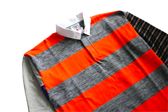 First & 44 "What the" Rugby Shirt, Orange Gray Striped w/ Black/Brown Sleeve (Size XL)