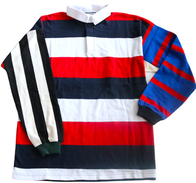 First & 44 "What the" Rugby Shirt, Red, White and Blue w/ Black/White Sleeve (Size XL)