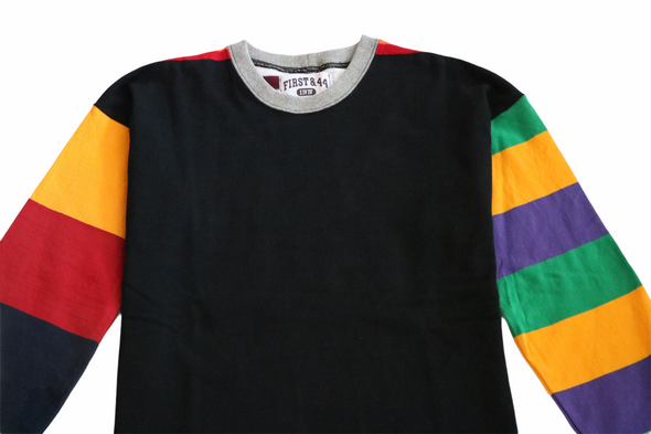 First & 44 "What the" Rugby Crew Neck Shirt, Black Rainbow Striped w/Purple/Gold Sleeve (Size Small)