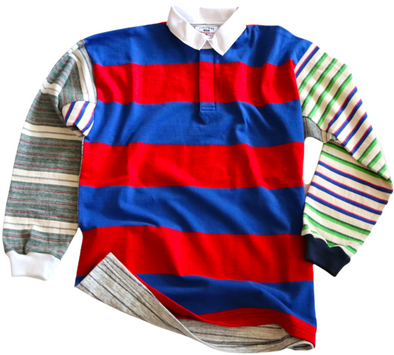 First & 44 "What the" Rugby Shirt, Royal/Red Striped w/Green/White Sleeve (Size Medium)