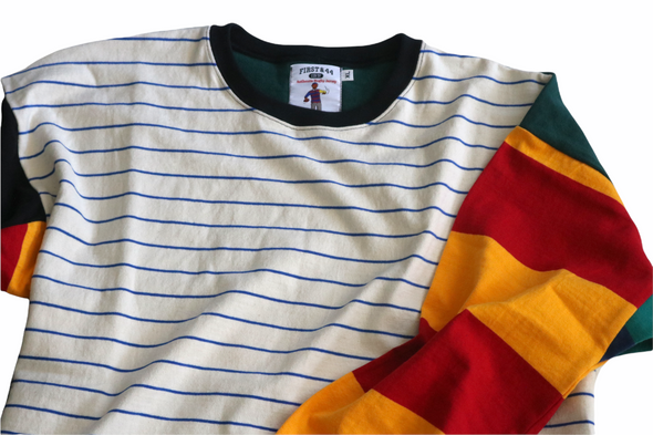 First & 44 "What the" Rugby Crew Neck Shirt, White/Blue Striped w/Red/Gold Sleeve (Size XL)