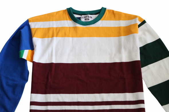 First & 44 "What the" Rugby Crew Neck Shirt, White Gold Striped w/Red/White/Blue Back (Size Large)