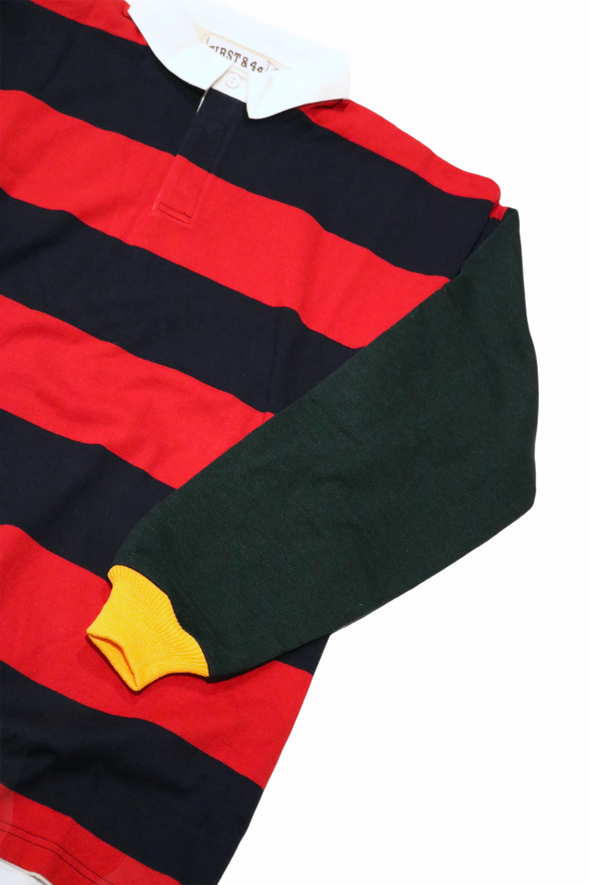 First & 44 "What the" Rugby Shirt, Red/Navy Striped with Green Sleeve (Size XXL)