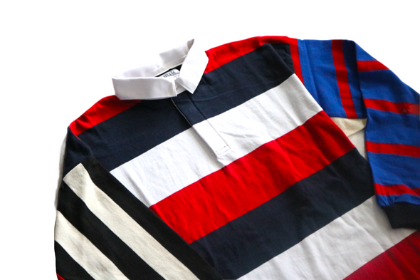 First & 44 "What the" Rugby Shirt, Red, White and Blue w/ Black/White Sleeve (Size XL)