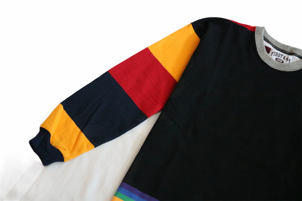 First & 44 "What the" Rugby Crew Neck Shirt, Black Rainbow Striped w/Purple/Gold Sleeve (Size Small)